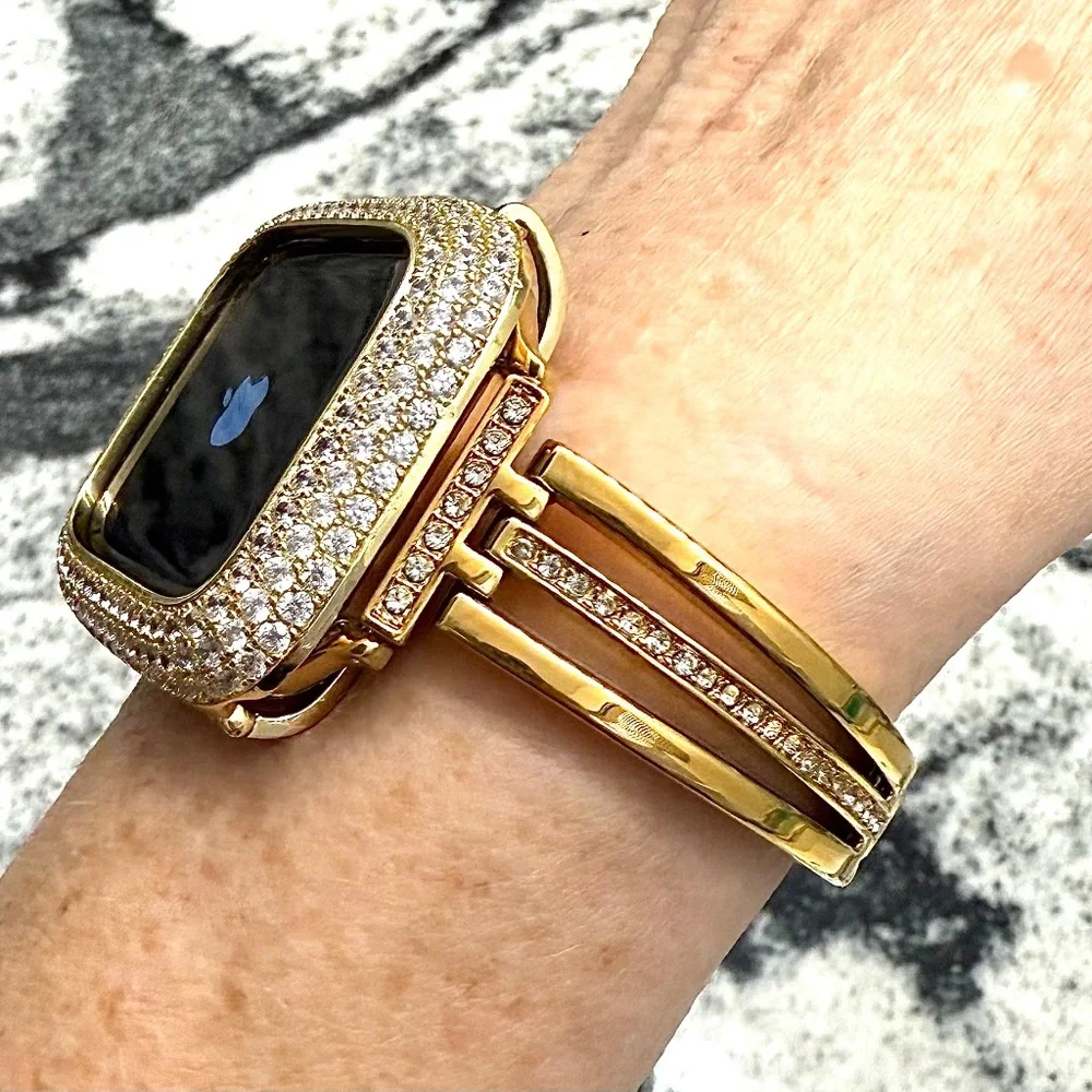 2 pc Apple Watch set white gold lab diamond case and crystal band classy bling